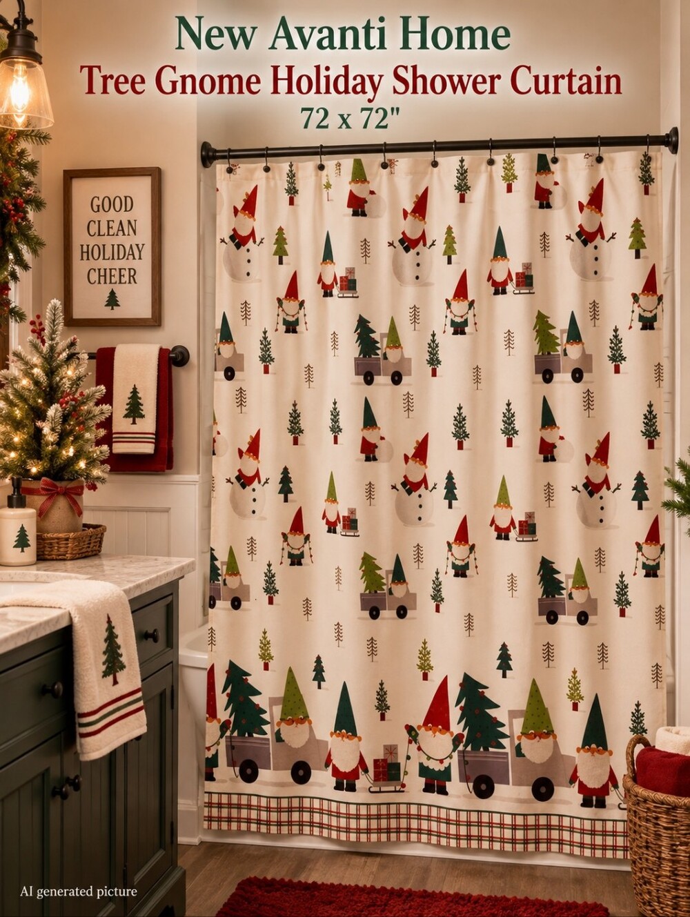 Avanti Home Tree Gnome Holiday Shower Curtain 72x72" NEW!